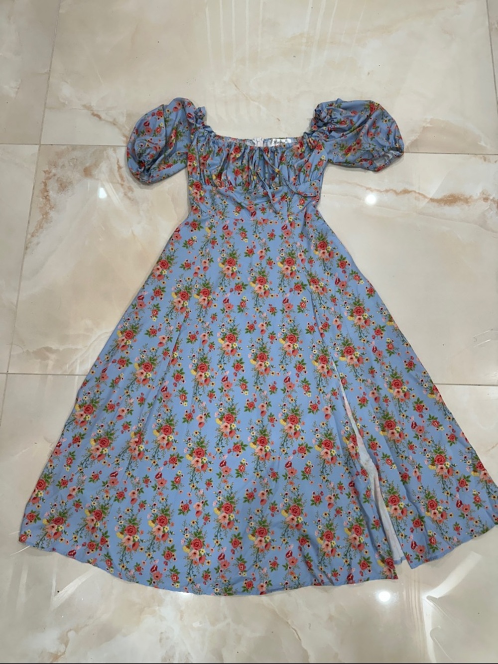 Blue Floral Puff Sleeve Dress